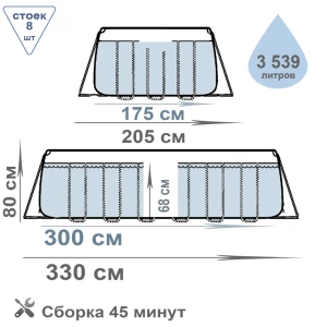 Intex бассейн prism frame rectangular 300x175x80 см, 3539л, металлический каркас