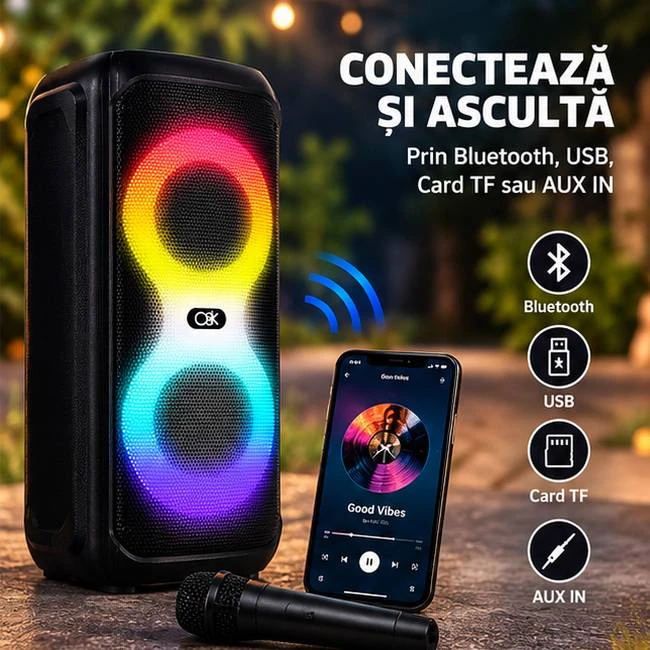 Boxă portabilă wireless bt-2427 cu iluminare led și microfoane 2