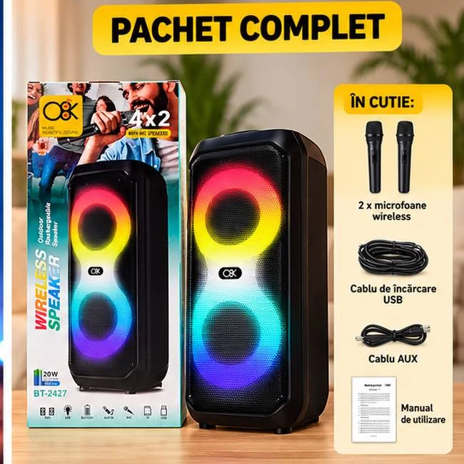 Boxă portabilă wireless bt-2427 cu iluminare led și microfoane 3