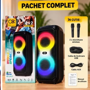 Boxă portabilă wireless bt-2427 cu iluminare led și microfoane Thumbnail 3