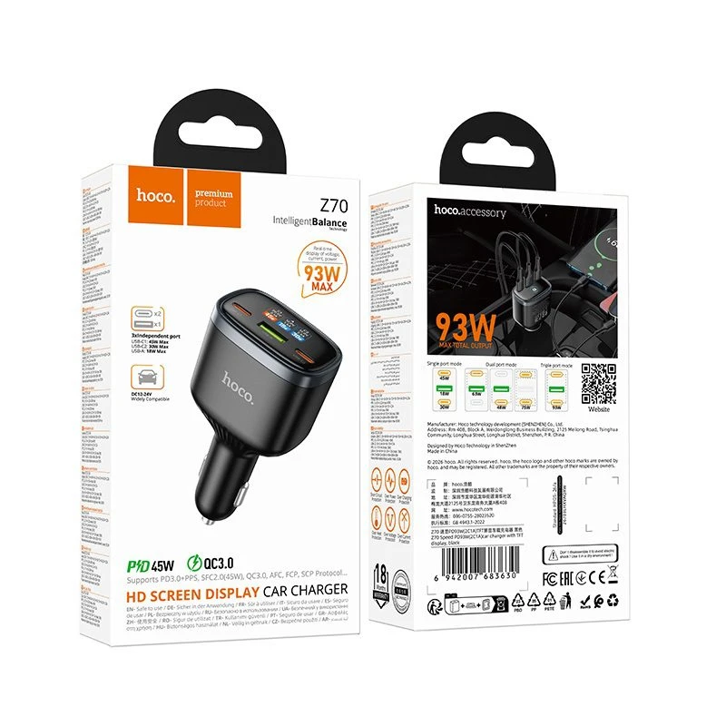 Автомобильное зарядное устройство hoco z70 speed ​​pd93w (2c1a) с tft-дисплеем, черное. 2
