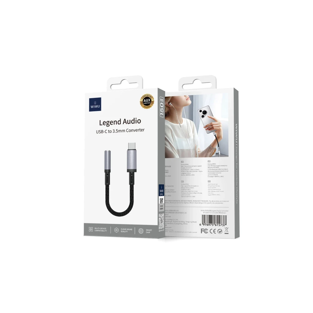 Аудиоконвертер wiwu legend (0,15 м) usb-c на 3,5 мм wi-c047t, черный 3