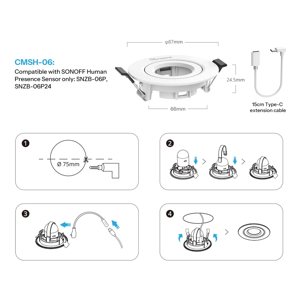 Sonoff human presence sensor recessed ceiling mount adapter cmsh06 for snzb-06p/snzb-06p24 3