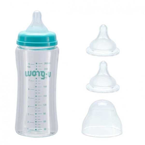 Biberon din sticlă, 260 ml, cu 2 tetine suplimentare 2