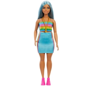 Păpușa barbie „fashionista cu părul albastru, bluză curcubeu și fustă de culoare verde-vișinie” Thumbnail 4
