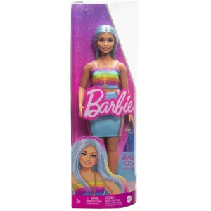 Păpușa barbie „fashionista cu părul albastru, bluză curcubeu și fustă de culoare verde-vișinie” Thumbnail 3