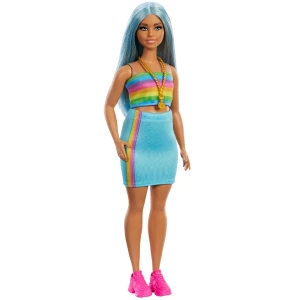 Păpușa barbie „fashionista cu părul albastru, bluză curcubeu și fustă de culoare verde-vișinie” Thumbnail 2