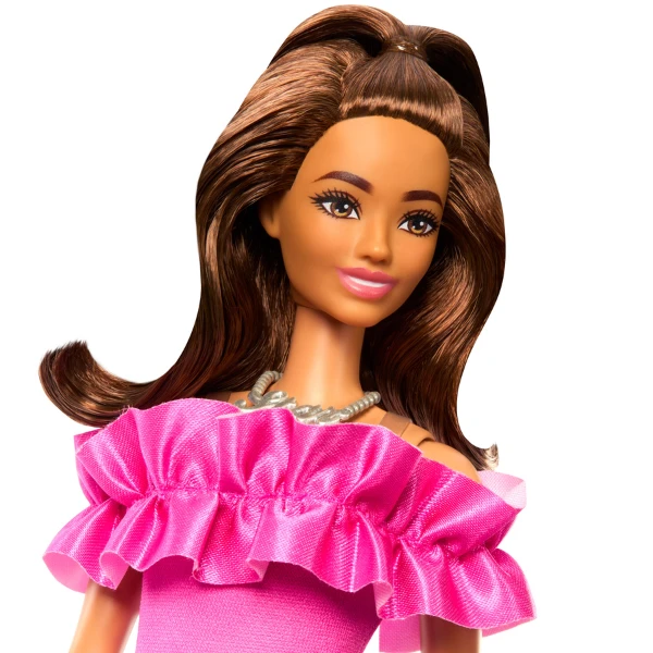 Păpușa barbie "fashionista cu părul ondulat șaten și o rochie roz" 4