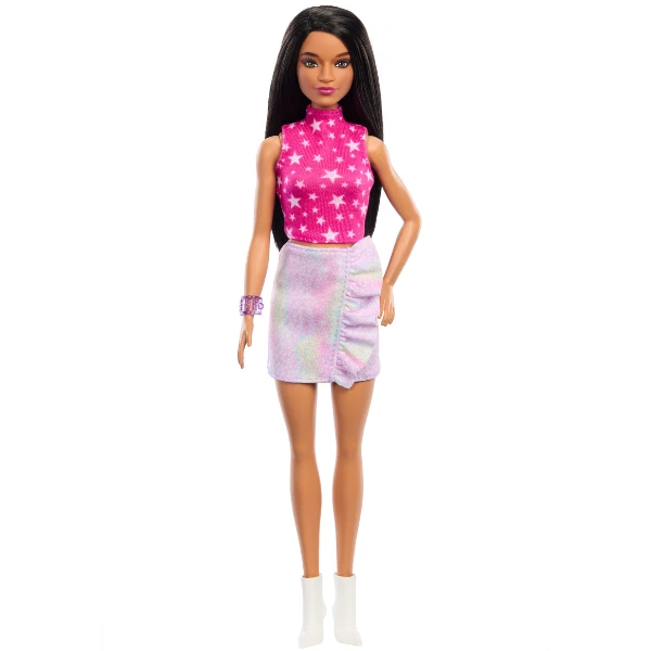 Păpușa barbie "fashionista cu păr negru drept și fustă iridescentă" 5