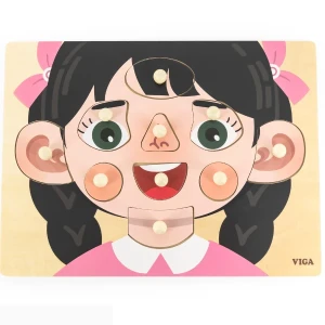 Puzzle din lemn cu buton "fetiță - învățăm părțile feței", 10 elem.