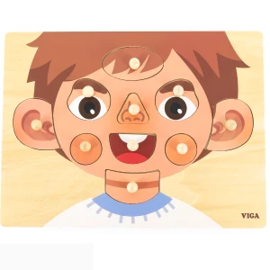 Puzzle din lemn cu buton &quot;Băiețel - învățăm părțile feței&quot;, 10 elem.