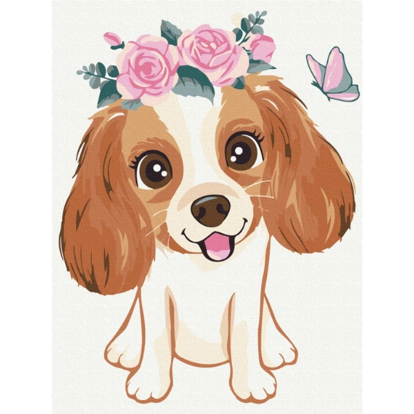 Pictură pe numere 30*40 сm (fără cutie) – cățel în coroniță de flori 3