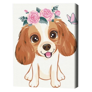 Pictură pe numere 30*40 сm (fără cutie) – cățel în coroniță de flori