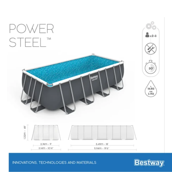 Bestway бассейн power steel 549x274x122cm, 14812л, метал каркас (картриджный фильтр насос) 12