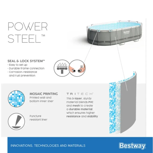Bestway бассейн power steel oval 427x250x100cm, 7250л, метал каркас 11