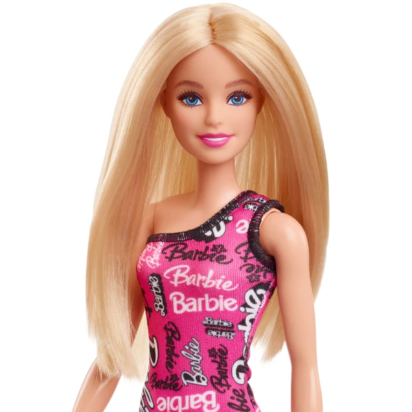 Кукла barbie fashion со светлыми волосами и розовом платье с принтом логотипа barbie 4
