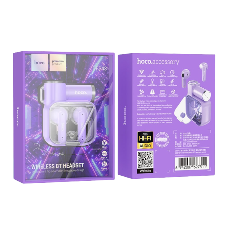 Căști bluetooth hoco des43 core transparente, violet 3