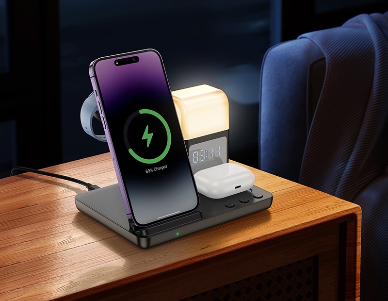 Hoco cq9 crown — încărcător wireless rapid 3-în-1 cu lumină de noapte și ceas 2