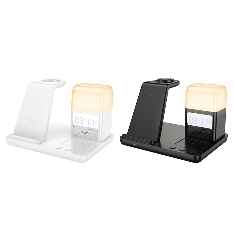 Hoco cq9 crown — încărcător wireless rapid 3-în-1 cu lumină de noapte și ceas 3