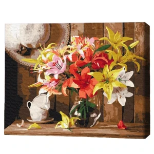 Pictură pe numere 30*40 сm (fără cutie) – buchet colorat de crini