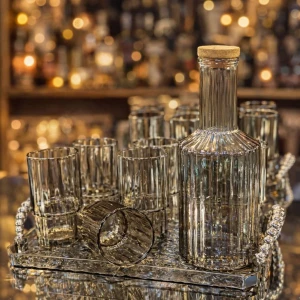 Набор стаканов и бутылка из цветного стекла