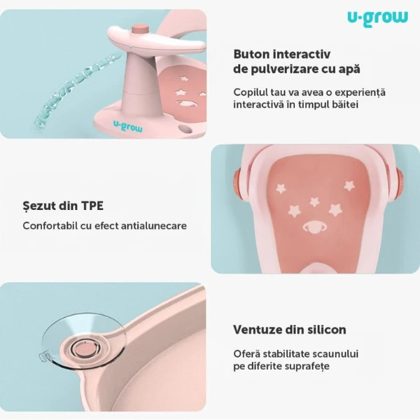 Scaun de baie pentru bebeluși u-grow cu ghidon și spătar reglabil, roz 3
