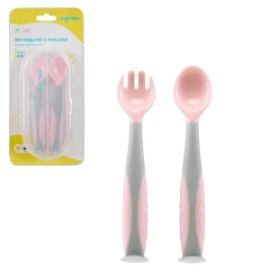 Set lingurita si furculita u-grow, roz