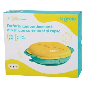 Farfurie compartimentata din silicon u-grow cu ventuza si capac, galben-verde Thumbnail 3