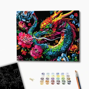 Картина по номерам 40*50 см (черный холст/без упаковки) -  дракон в цветах Thumbnail 2