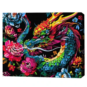 Pictură pe numere 40*50 сm (pânză neagră/fără cutie) – un dragon în flori