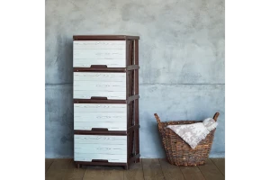 Пластиковый комод с 4 ящиками – модель wood style, белое дерево с коричневым каркасом (123093)