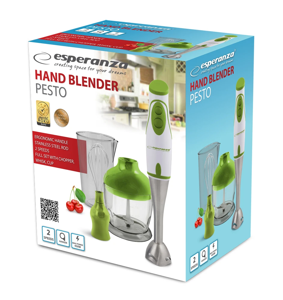 Hand blender esperanza pesto ekm003g, green, 450w, 3 in 1 chopper, whisk, cup of mixing,  stainless steel knife; stainless steel removable rod hanger; 2