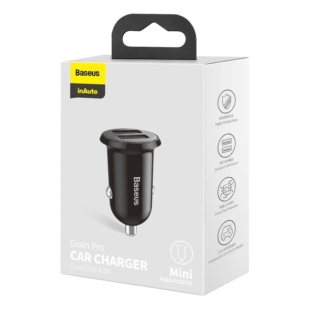 Usb car charger - baseus grain pro, 2xusb (u + u), 5v/4.8a, black  ccallp-01 2