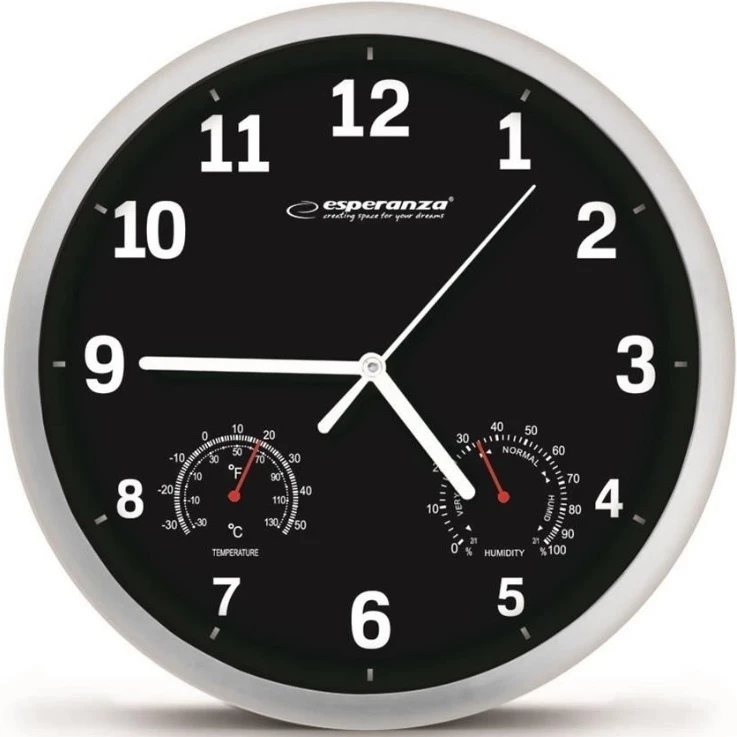 Clock wall esperanza lyon  ehc016k black,  25 cm, plastic frame, quiet movement, hook for easy installation, measurements: temperature and humidity, p 2