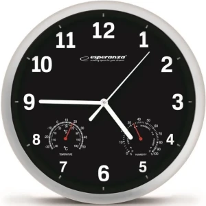 Clock wall esperanza lyon  ehc016k black,  25 cm, plastic frame, quiet movement, hook for easy installation, measurements: temperature and humidity, p