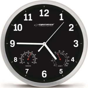 Clock Wall Esperanza LYON  EHC016K BLACK,  25 cm, plastic frame, Quiet movement, hook for easy installation, Measurements: temperature and humidity, P