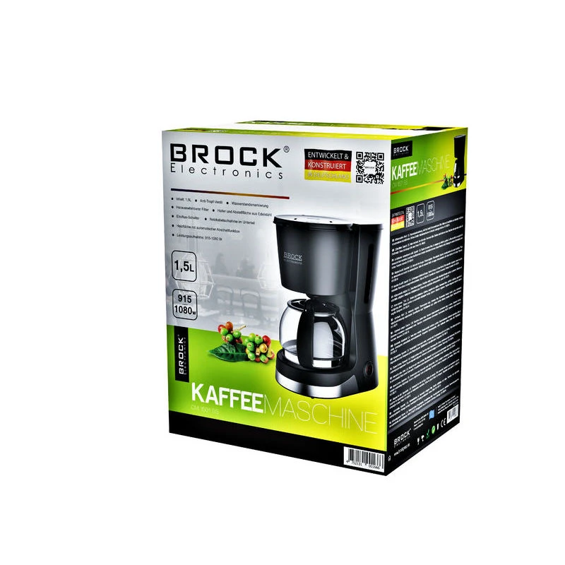 Coffee maker brock cm 1501 ss,  1.5l, 1080w, water level mark, non-drip valve, removable filter, hot plate with automatic switch-off, on/off switch 2