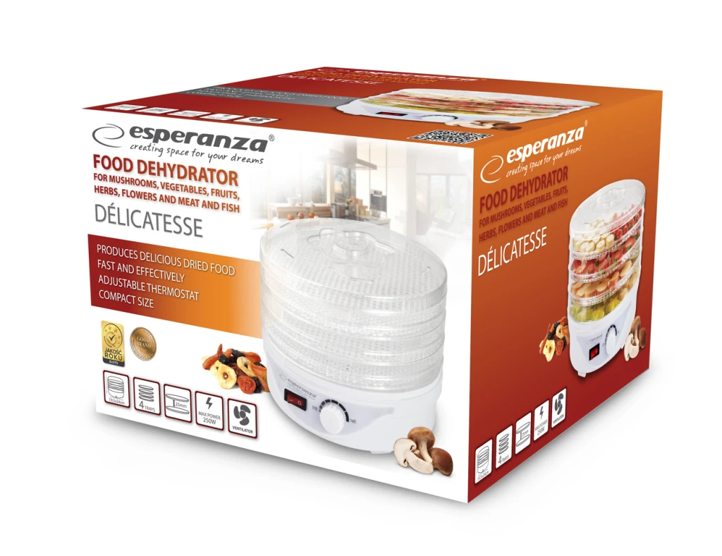 Dehydrator esperanza delicatesse ekd003, 4 transparent trays, strong power 250w 2