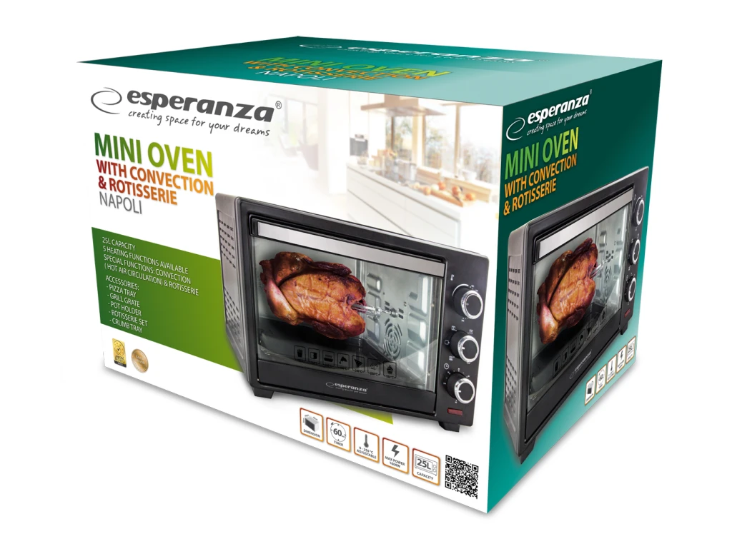 Electric oven esperanza napoli eko006, 25l, convection, power: 1600w, temperature: 0°c - 250°c, timer: 0-60 minutes, 5 heating functions, crumb tray, 3