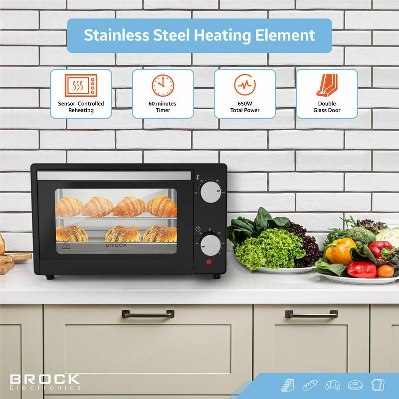 Electric oven brock to 9001 b 9l, 650w, 2 quartz heating tubes, double glass, temperature: 100°c - 230°c, acc: (baking tray, tray, handle) 10