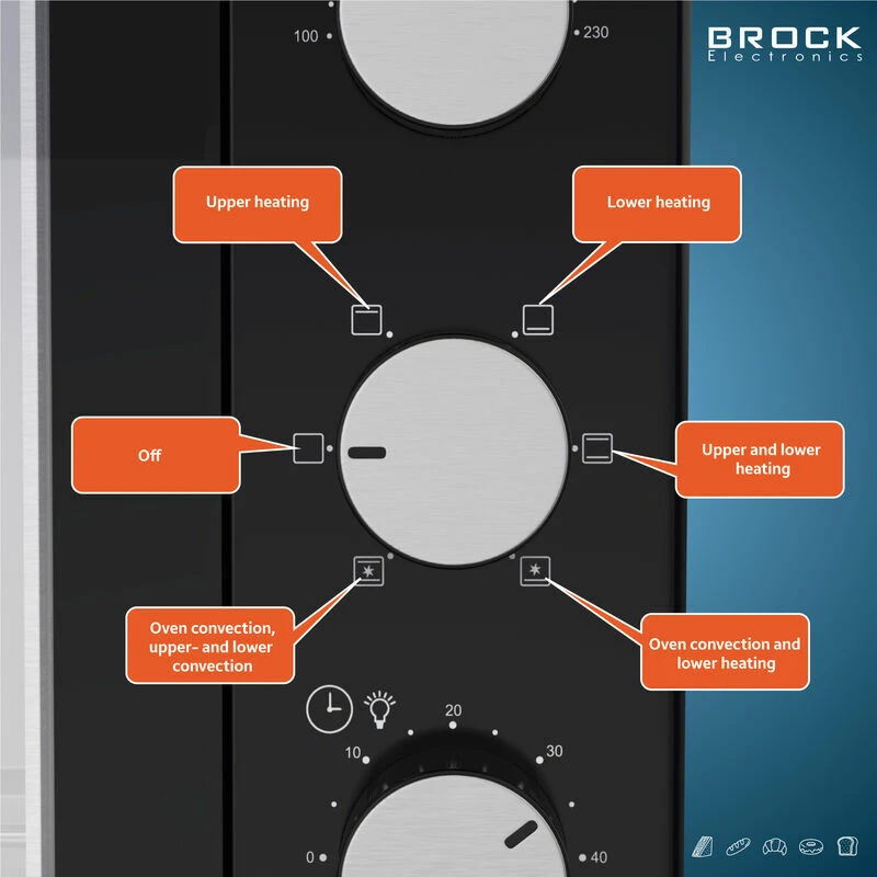 Electric oven brock to 3001 bk, black 30l, 1600w, convection function, double glass, temperature: 100°c - 230°c, heating functions: off / heating from 8