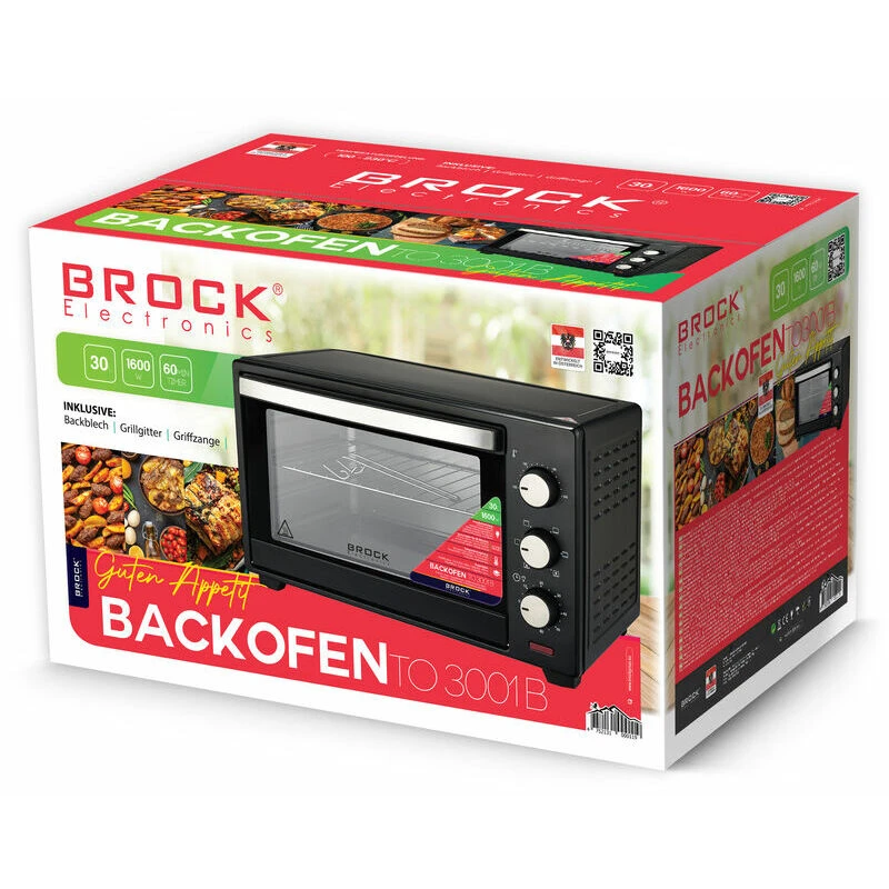 Electric oven brock to 3001 bk, black 30l, 1600w, convection function, double glass, temperature: 100°c - 230°c, heating functions: off / heating from 12