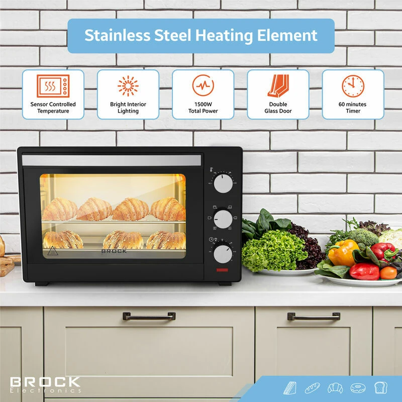Electric oven brock to 3001 bk, black 30l, 1600w, convection function, double glass, temperature: 100°c - 230°c, heating functions: off / heating from 11