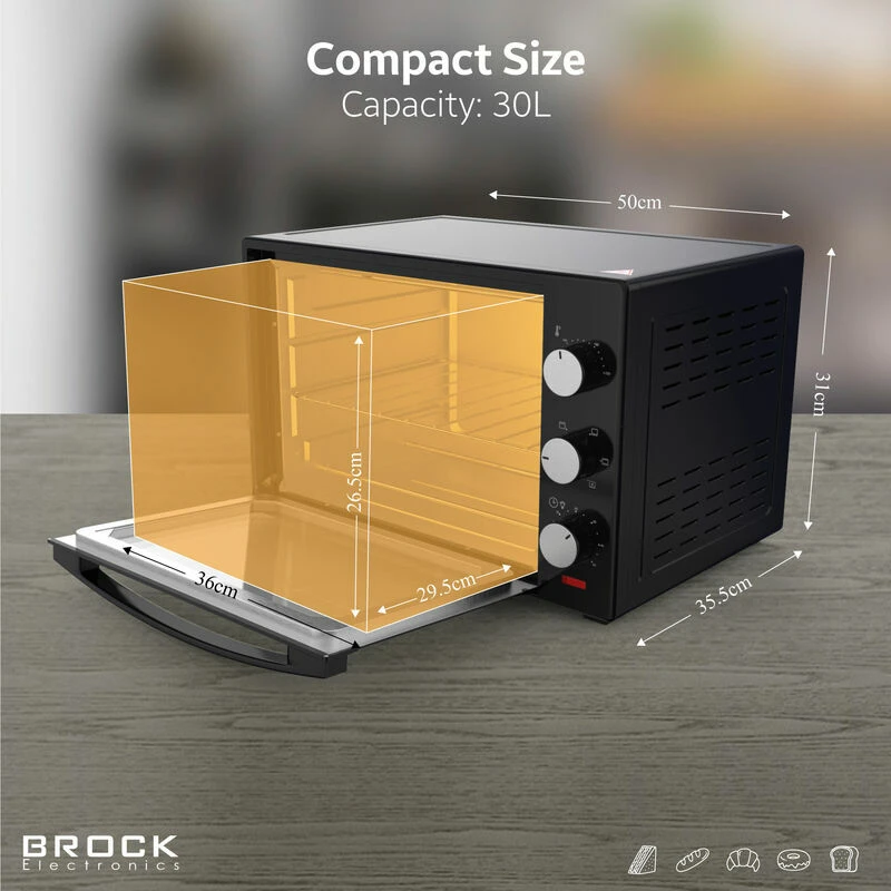 Electric oven brock to 3001 bk, black 30l, 1600w, convection function, double glass, temperature: 100°c - 230°c, heating functions: off / heating from 6