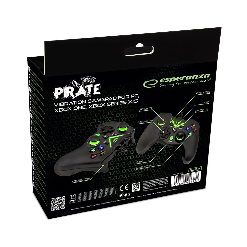 Gamepad esperanza pirate egg114k  black,  2 analog sticks, 12 action buttons, 2 modes (analog and digital), 8-directional d-pad, pc win / xbox one, x/s compatible, usb port 5