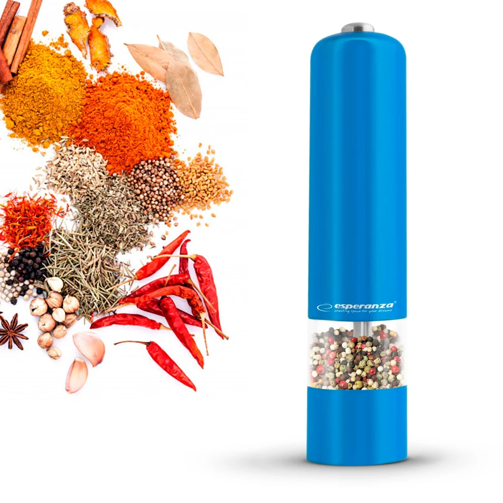 Grinder esperanza malabar ekp001b blue,  led illumination during use adjustable grinding thickness length: 23cm diameter: 5cm power: 4* aa batteries ( 4