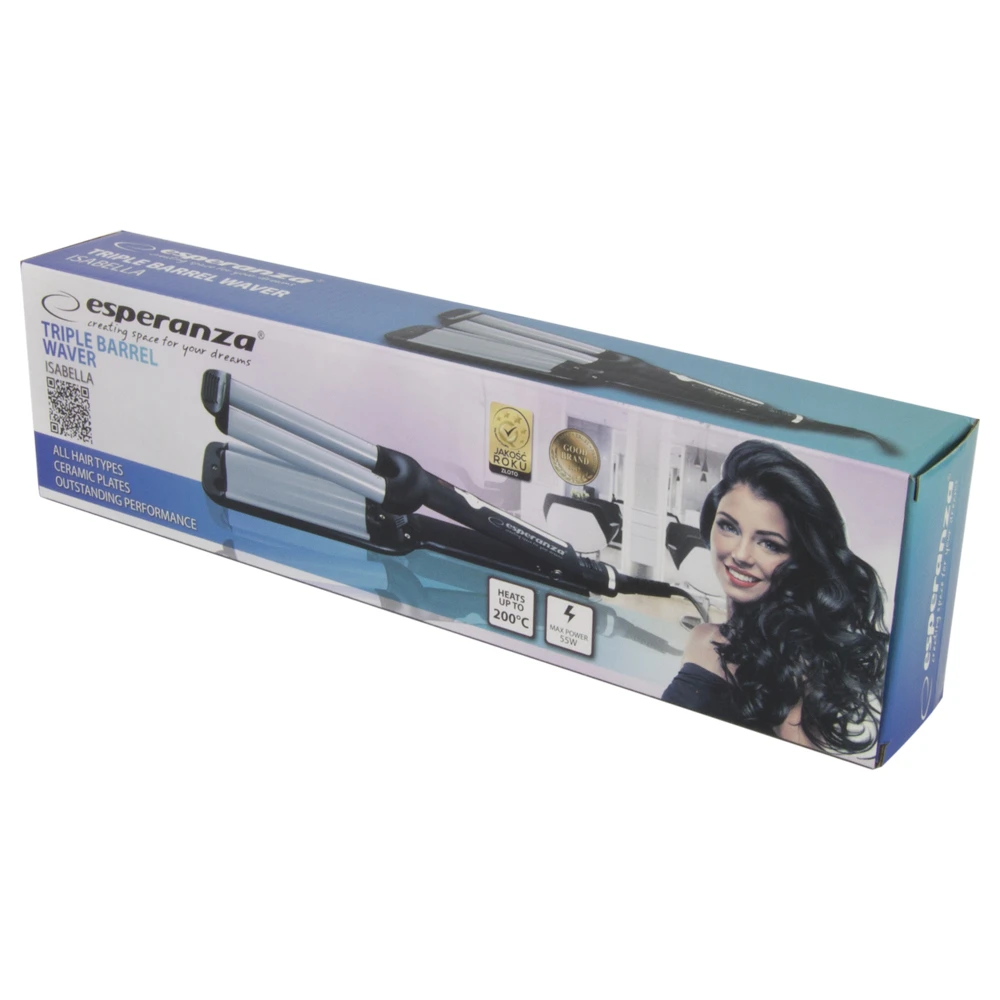 Hair curler waver esperanza isabella ebl013, triple ceramic barrel waver, heating element length 10,5cm, diameter barrel 19mm, power 55w, power cord 1 3