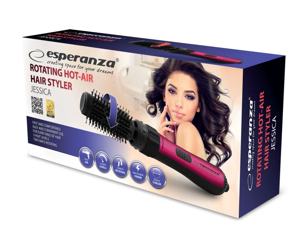 Rotating hot-air hair styler esperanza jessica ebl008, 3 heat levels, 2 ways rotating, styling brush 15cm, diameter 50mm, power 1000w, power cord 180c 2