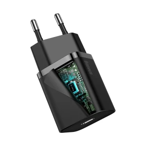 Universal home charger baseus super si, 1xusb type-c, 20w, 5v/3a, cable included (type-c - lightning, 1m), black  tzccsup-b01