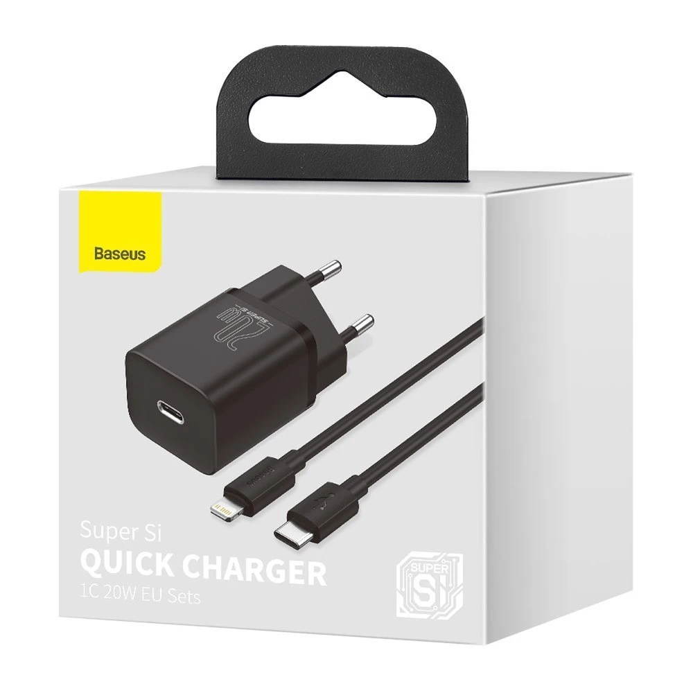 Universal home charger baseus super si, 1xusb type-c, 20w, 5v/3a, cable included (type-c - lightning, 1m), black  tzccsup-b01 2